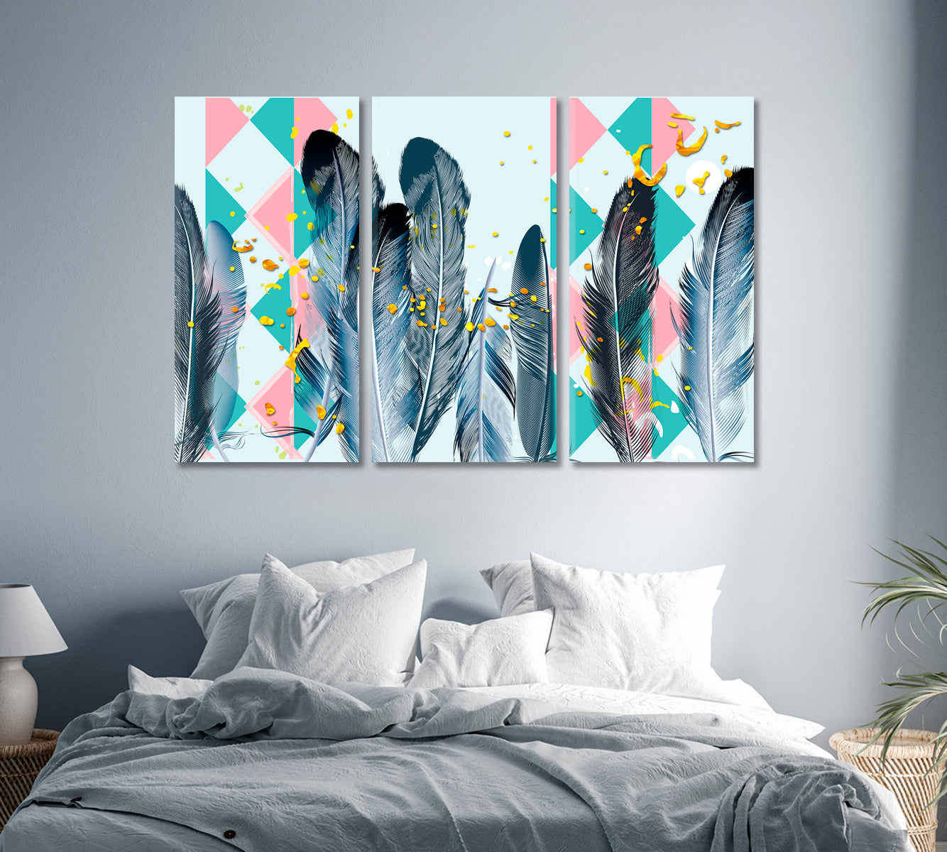 Feathers with Pink and Green Triangles Canvas Print-Canvas Print-CetArt-1 Panel-24x16 inches-CetArt