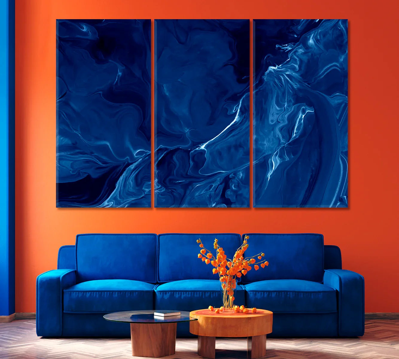 Abstract Ocean canvas displayed in a dark, modern living room as a 3-panel triptych