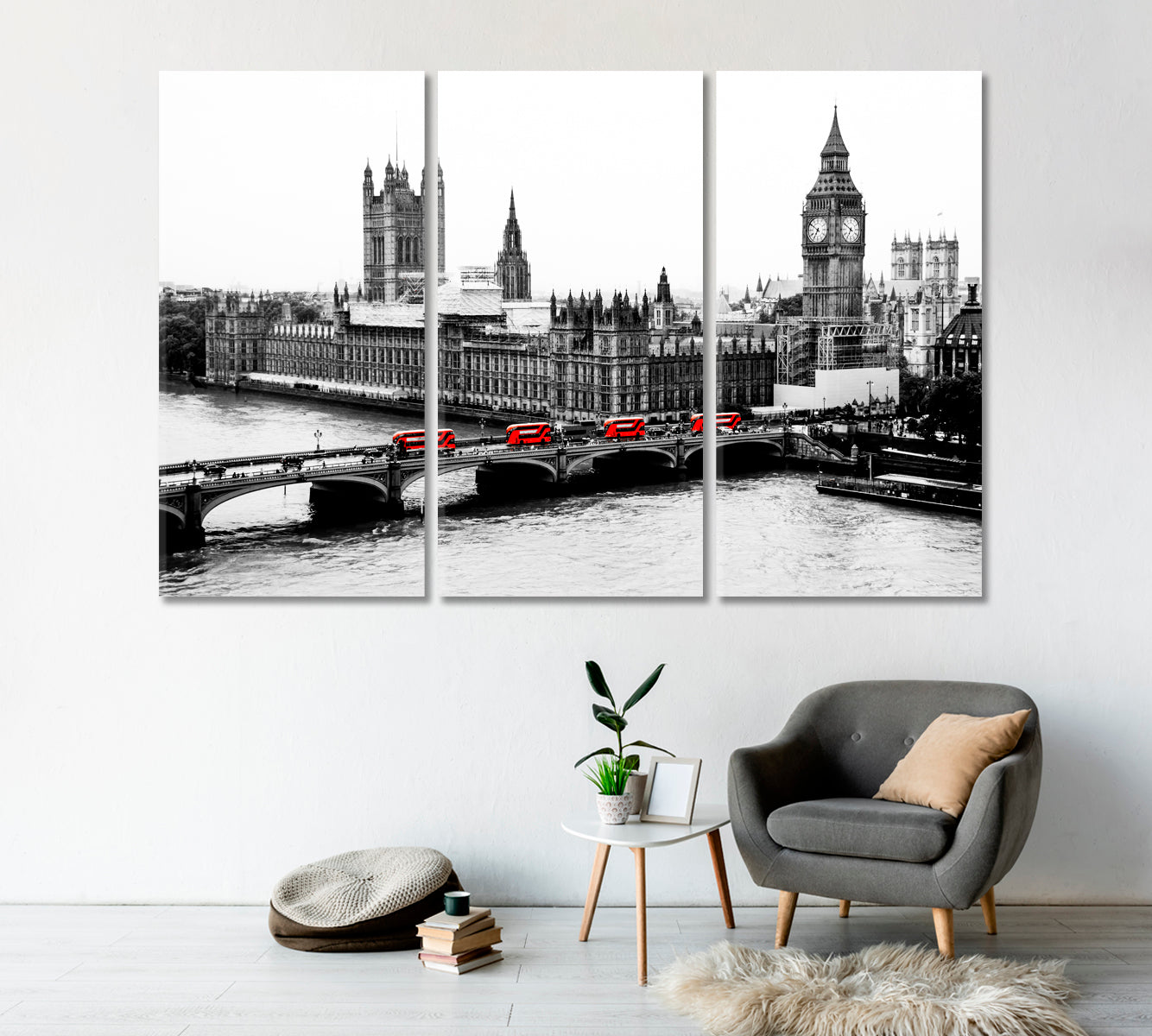 Black and White London with Red Buses Canvas Print-Canvas Print-CetArt-1 Panel-24x16 inches-CetArt