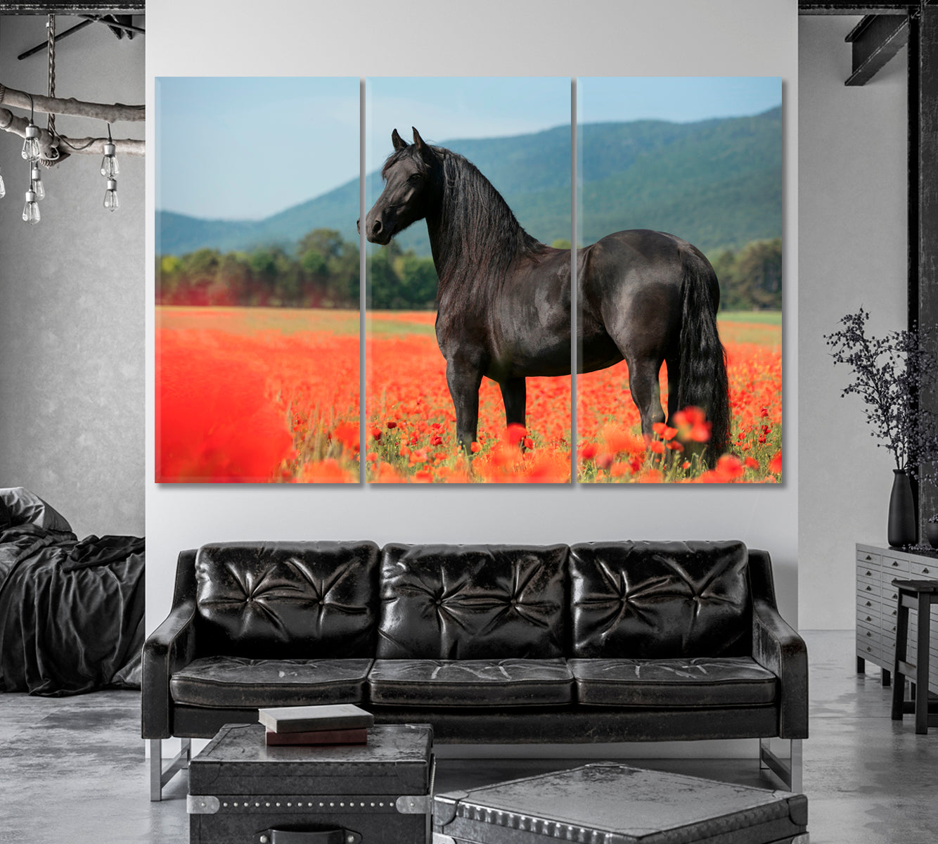 Black Arabian Horse in Poppy Field Canvas Print-Canvas Print-CetArt-1 Panel-24x16 inches-CetArt