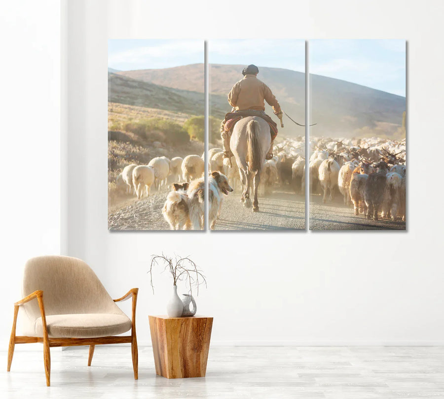 Gaucho riding with sheep herd — pastoral canvas print for farmhouse decor