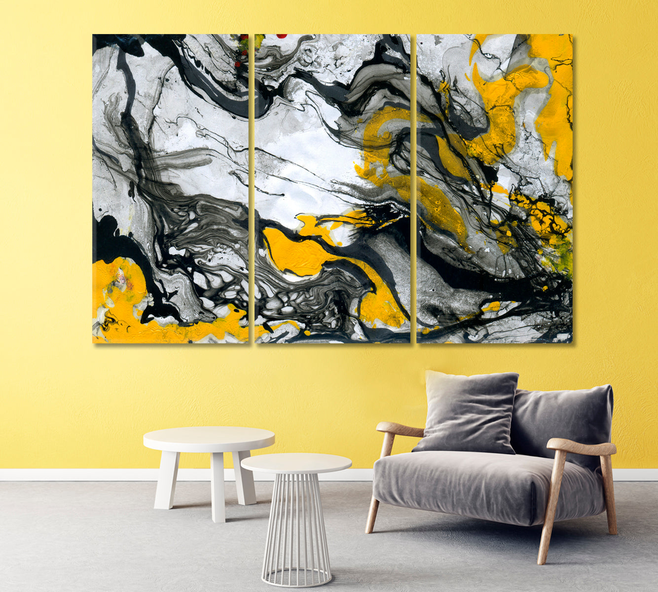 Yellow and Black Ink on White Marble Canvas Print-Canvas Print-CetArt-1 Panel-24x16 inches-CetArt