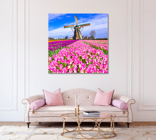Windmills and Tulips Holland Canvas Print-Canvas Print-CetArt-1 panel-12x12 inches-CetArt