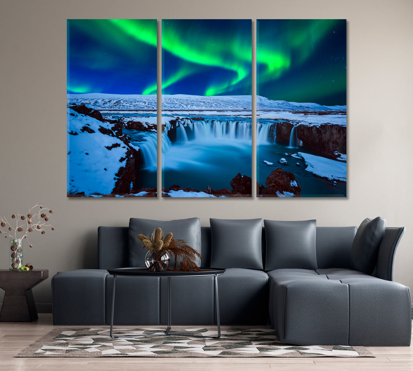 Aurora Borealis at Godafoss Waterfall Iceland Northern Light Canvas Print-Canvas Print-CetArt-1 Panel-24x16 inches-CetArt