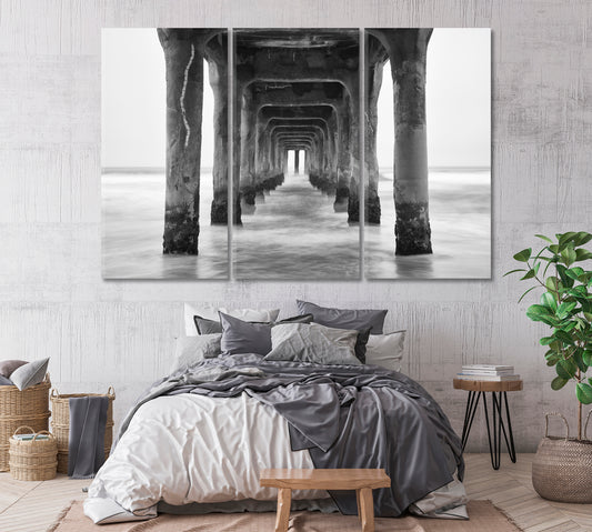 Under the Manhattan Beach Pier in Black and White California Canvas Print-Canvas Print-CetArt-1 Panel-24x16 inches-CetArt