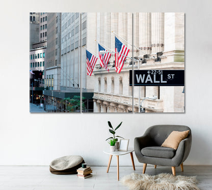 Wall Street Sign with American Flags Canvas Print-Canvas Print-CetArt-1 Panel-24x16 inches-CetArt