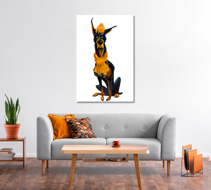 Cartoon Doberman Pinscher with Yellow Scarf Canvas Print-Canvas Print-CetArt-1 panel-16x24 inches-CetArt