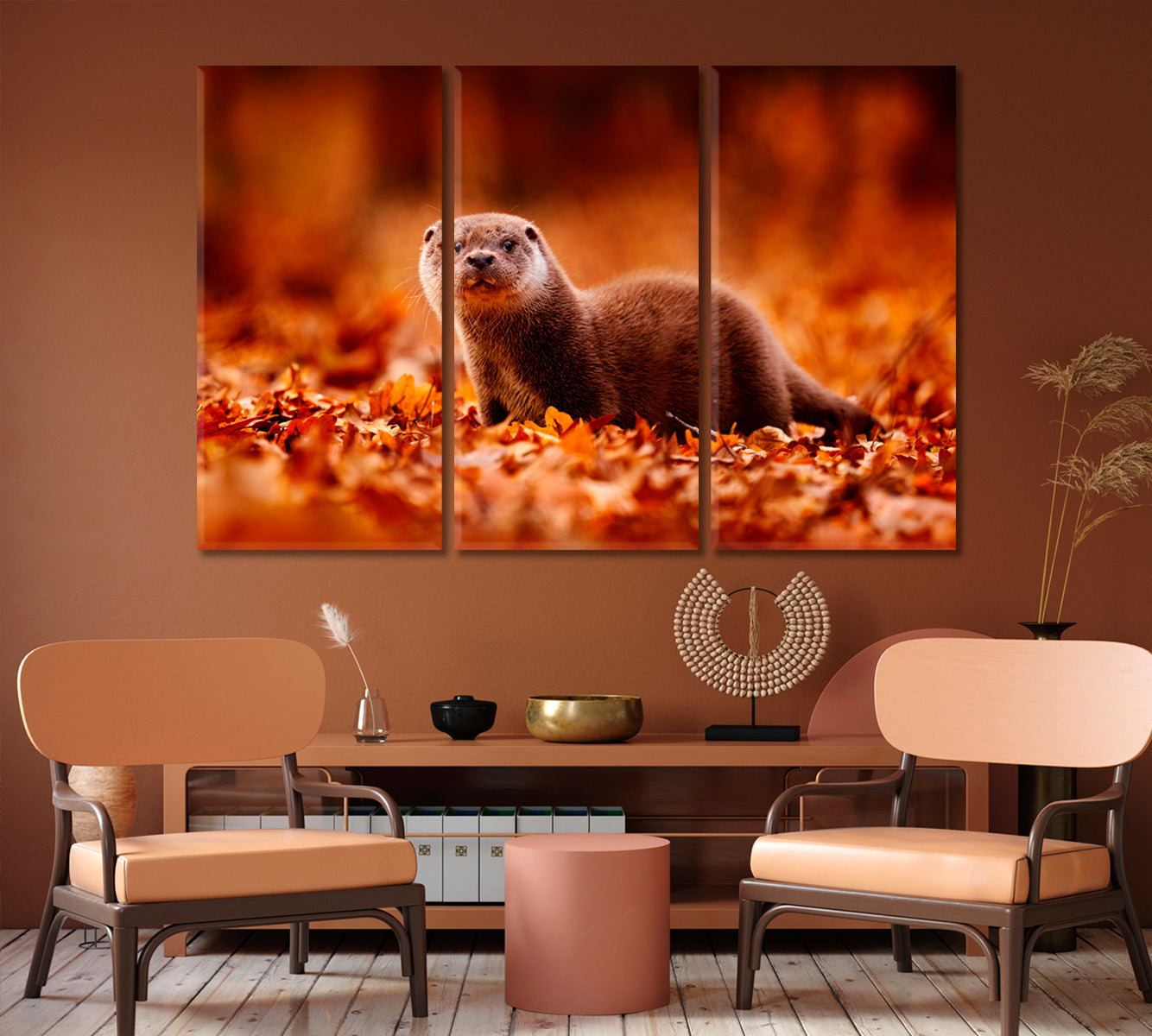 Eurasian Otter in Autumn Leaves Canvas Print-Canvas Print-CetArt-1 Panel-24x16 inches-CetArt