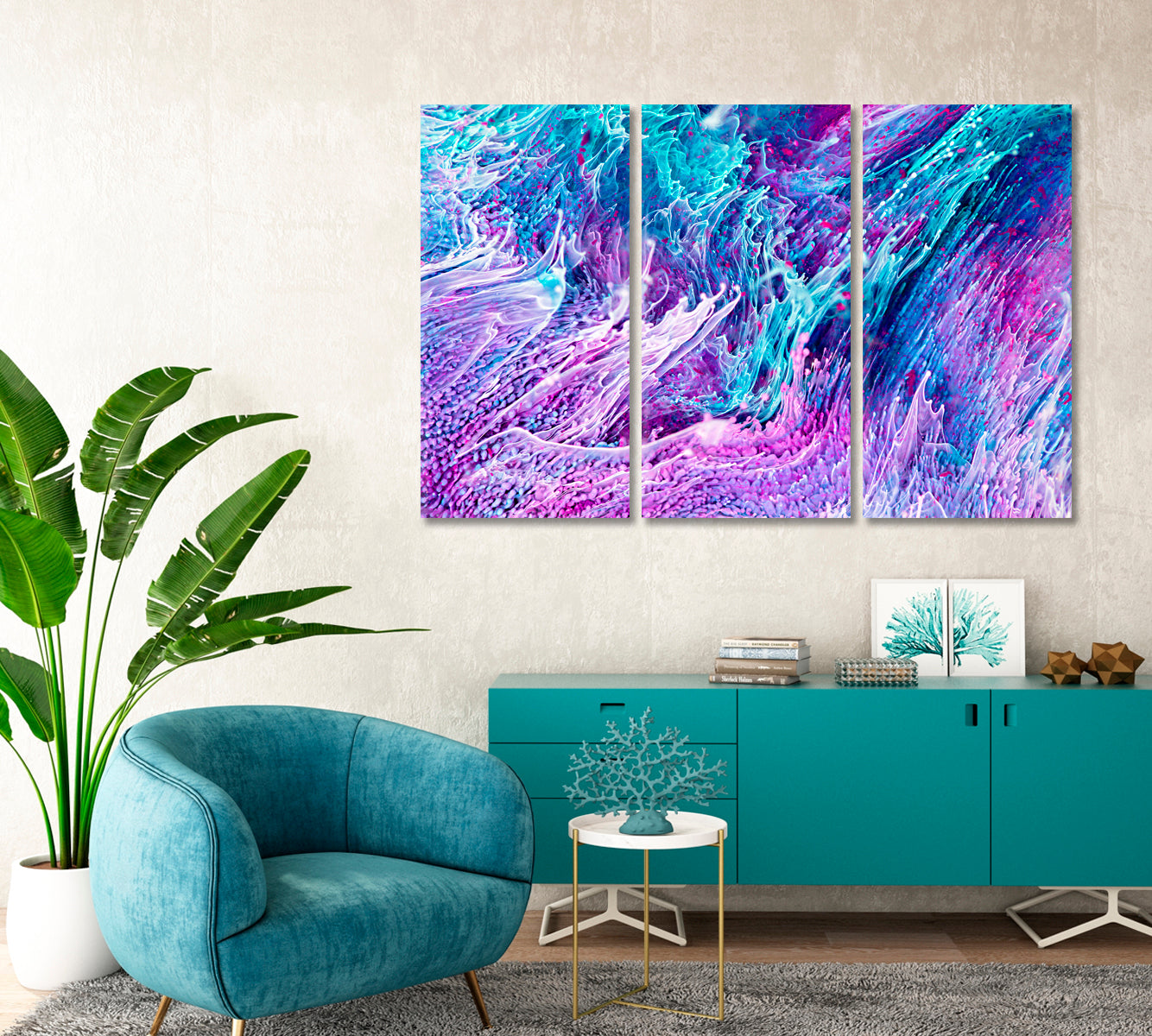 Beautiful Mixed Turquoise and Purple Liquid Splashes and Ripple Canvas Print-Canvas Print-CetArt-1 Panel-24x16 inches-CetArt