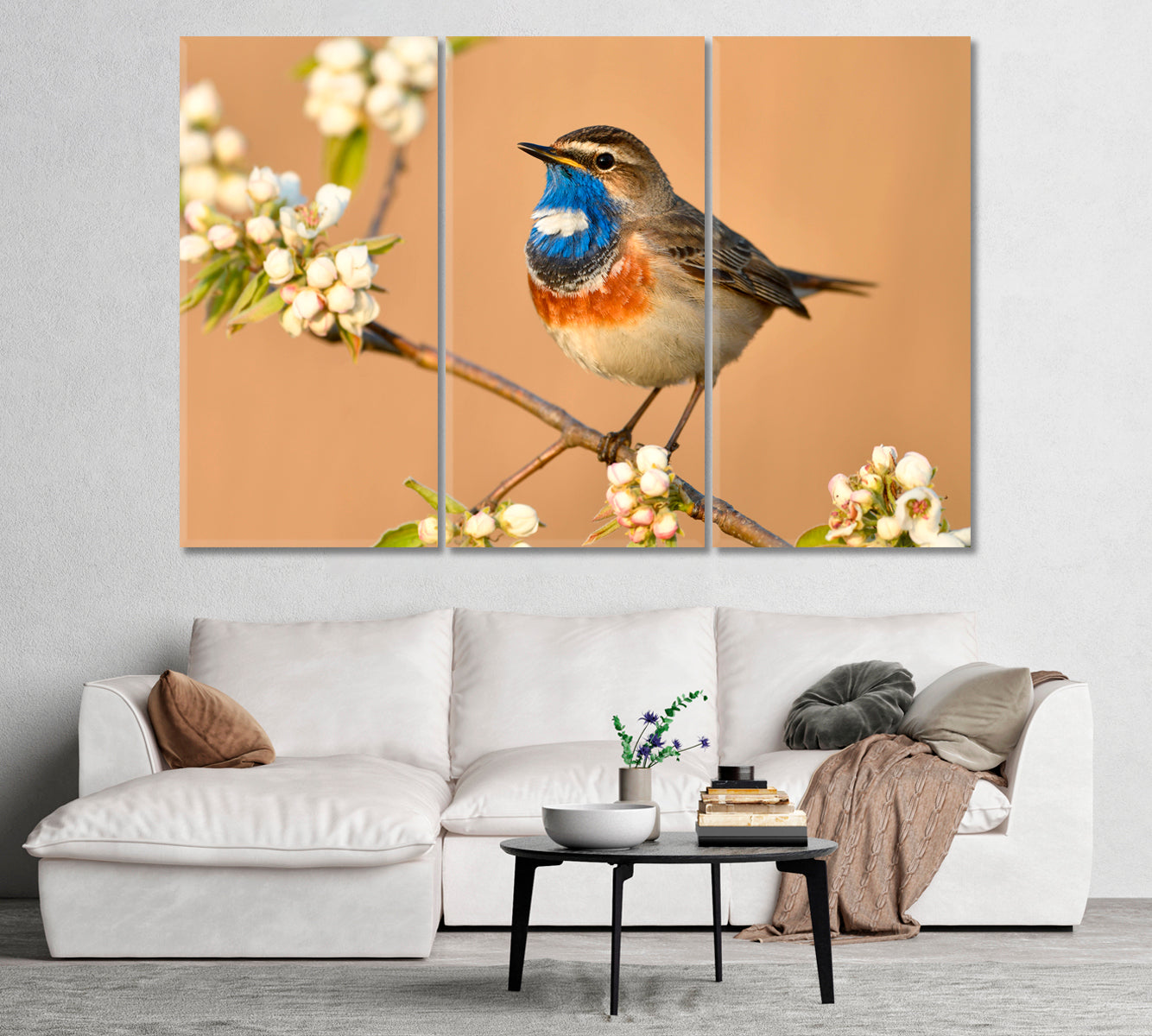 Bluethroat Bird on Cherry Blossom Branch Canvas Print-Canvas Print-CetArt-1 Panel-24x16 inches-CetArt