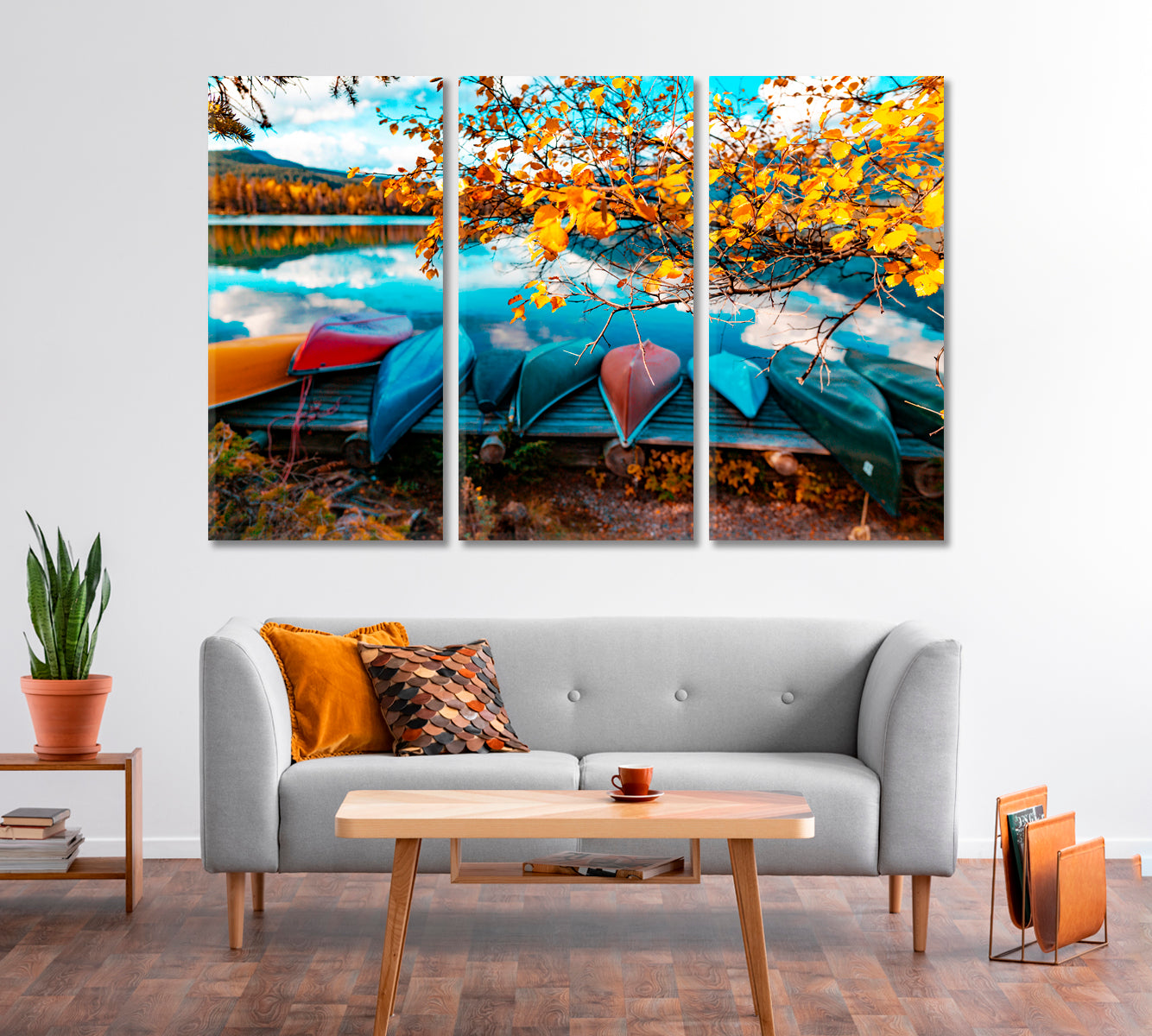 Canoes On Lake at Autumn Forest Canvas Print-Canvas Print-CetArt-1 Panel-24x16 inches-CetArt