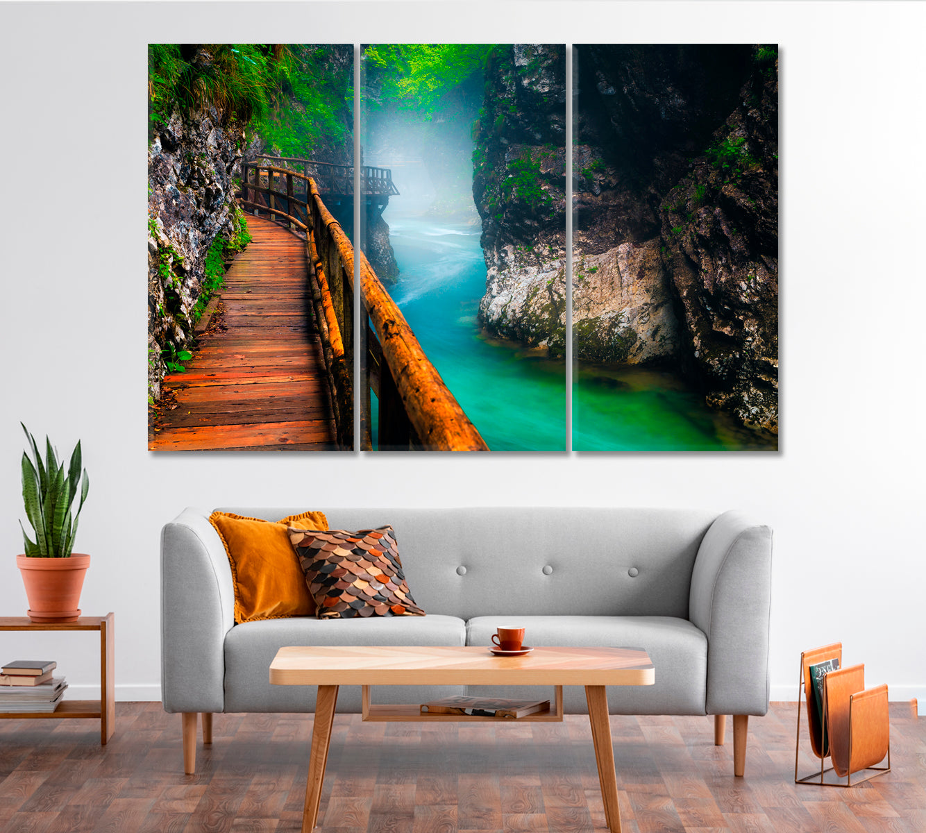 Narrow Foggy Vintgar Gorge with Wooden Footbridge Slovenia Canvas Print-Canvas Print-CetArt-1 Panel-24x16 inches-CetArt