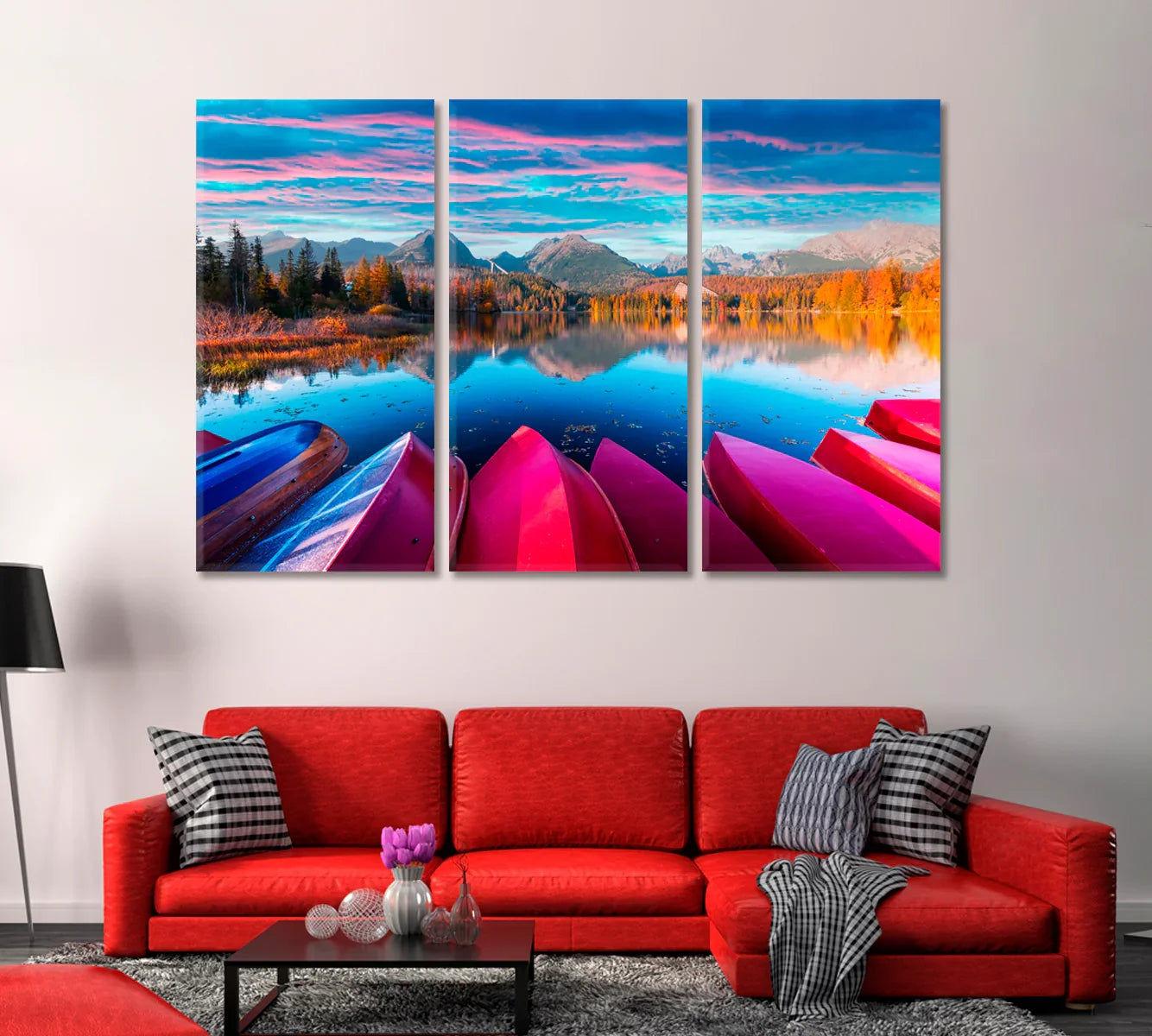 Triptych option: three-panel version of the High Tatras lake and red boats artwork