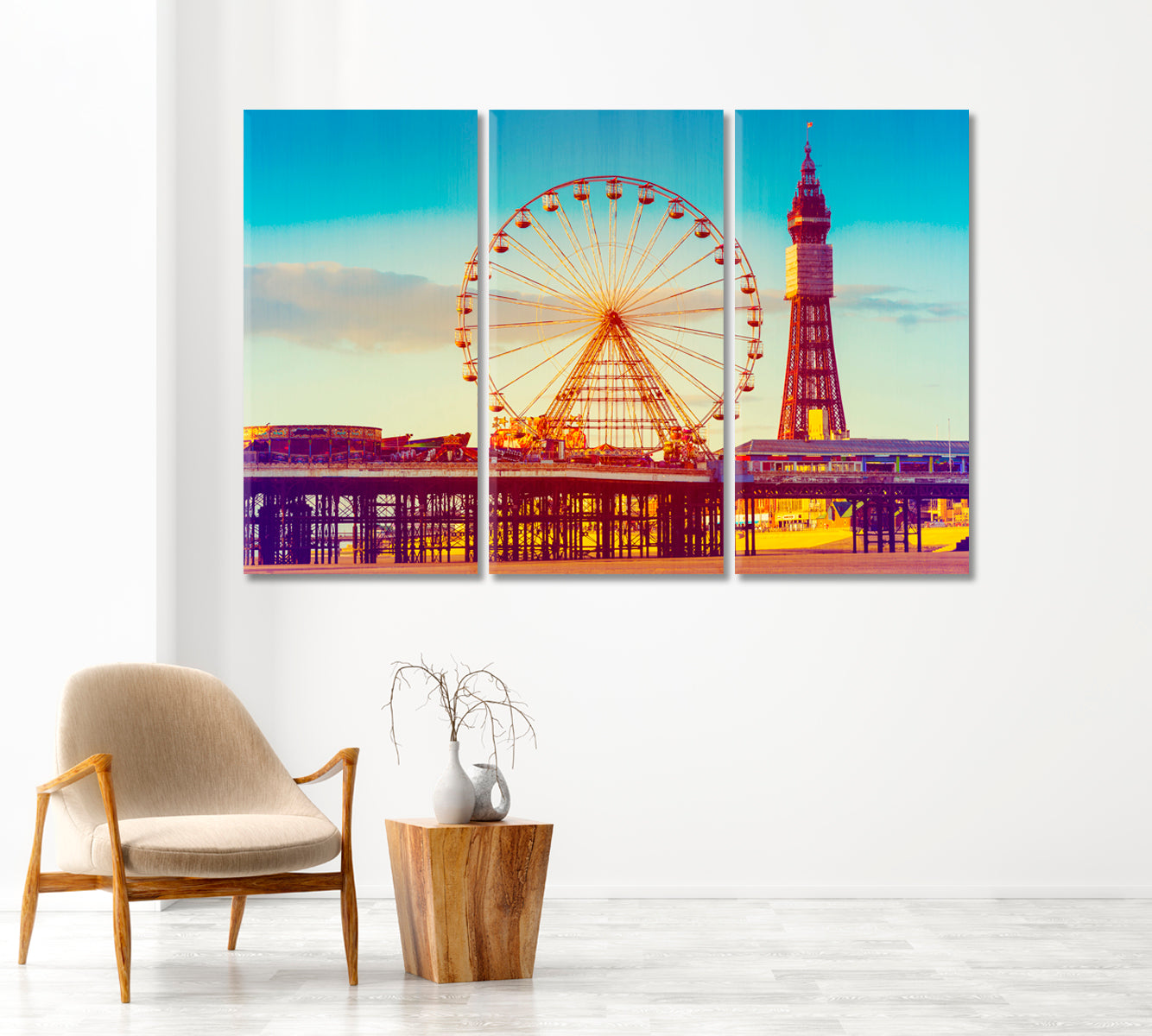 Effect Blackpool Tower and Central Pier Ferris Wheel UK Canvas Print-Canvas Print-CetArt-1 Panel-24x16 inches-CetArt