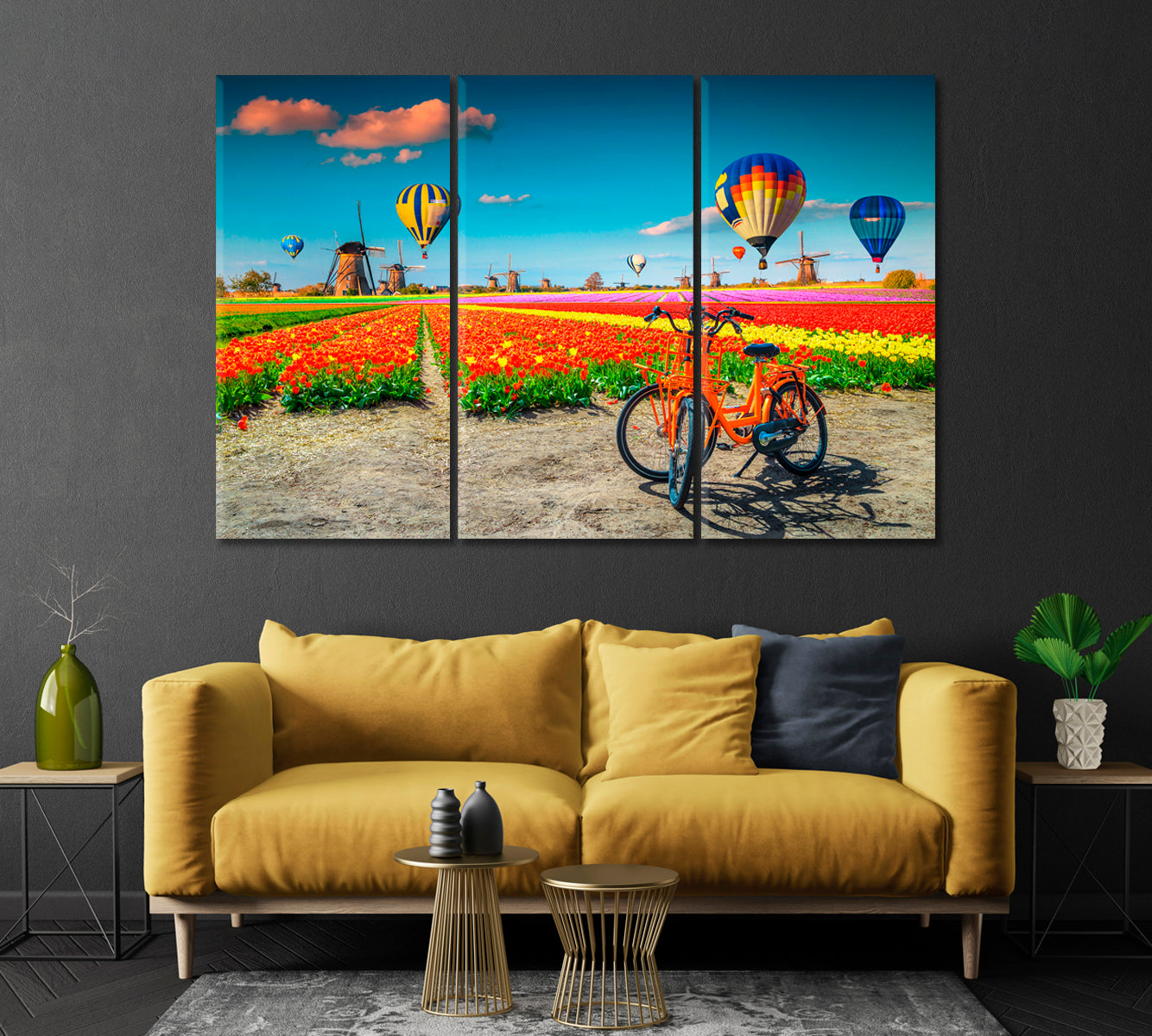 Hot Air Balloons over Tulip Fields Kinderdijk Netherlands Canvas Print-Canvas Print-CetArt-1 Panel-24x16 inches-CetArt