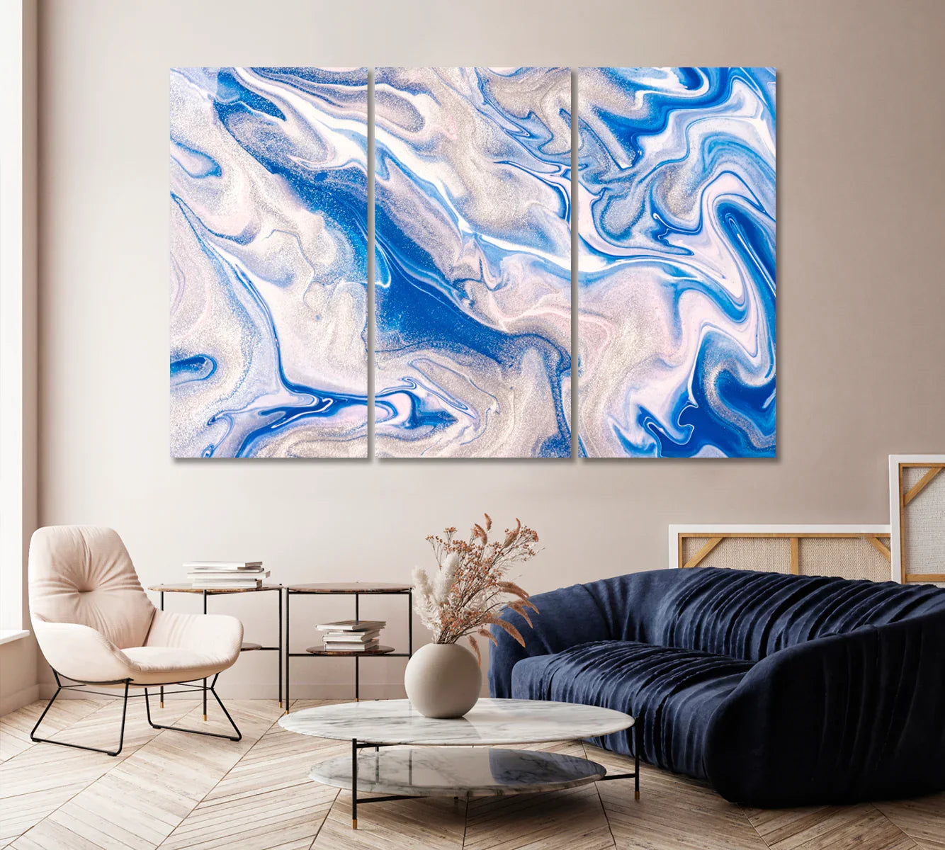 Triptych view: three-panel Abstract Liquid Blue Marble over a modern sofa
