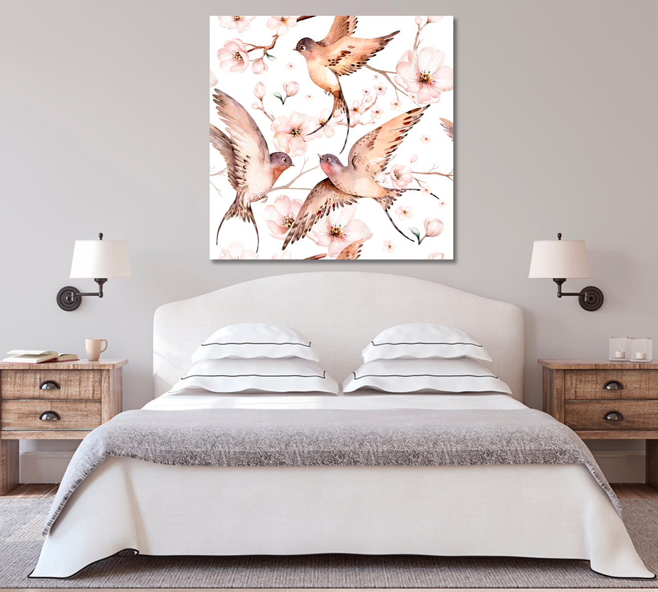 Watercolor Spring Flying Swallows Canvas Print-Canvas Print-CetArt-1 panel-12x12 inches-CetArt