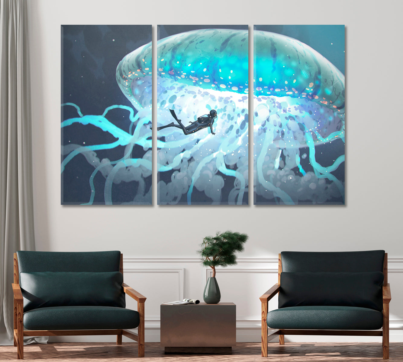 Giant Jellyfish with Diver Canvas Print-Canvas Print-CetArt-1 Panel-24x16 inches-CetArt