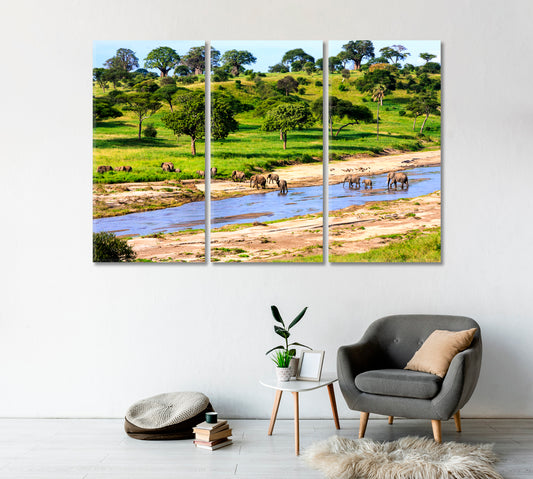 Elephants Cross River in Serengeti National Park Tanzania Africa Canvas Print-Canvas Print-CetArt-1 Panel-24x16 inches-CetArt