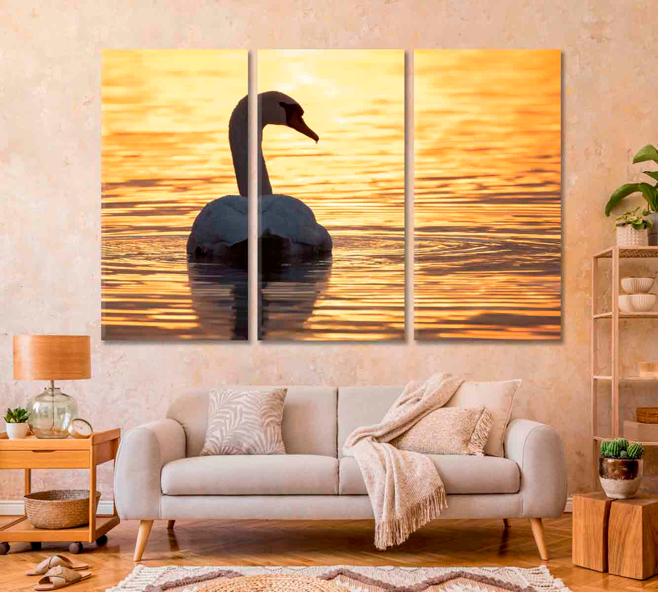 Swan on Lake at Golden Sunset Canvas Print-Canvas Print-CetArt-1 Panel-24x16 inches-CetArt