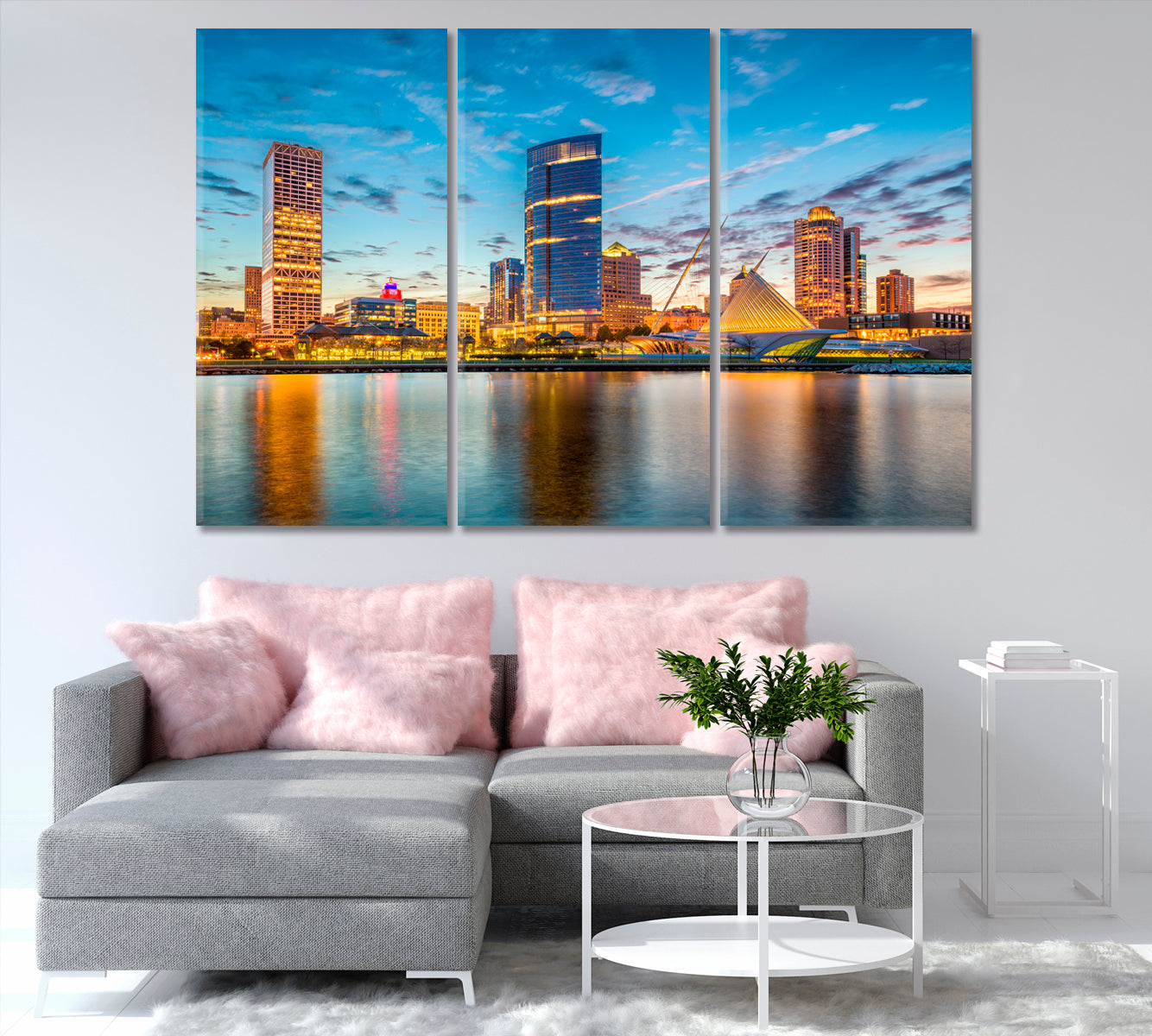 Milwaukee City on Lake Michigan Shore at Dusk Canvas Print-Canvas Print-CetArt-1 Panel-24x16 inches-CetArt