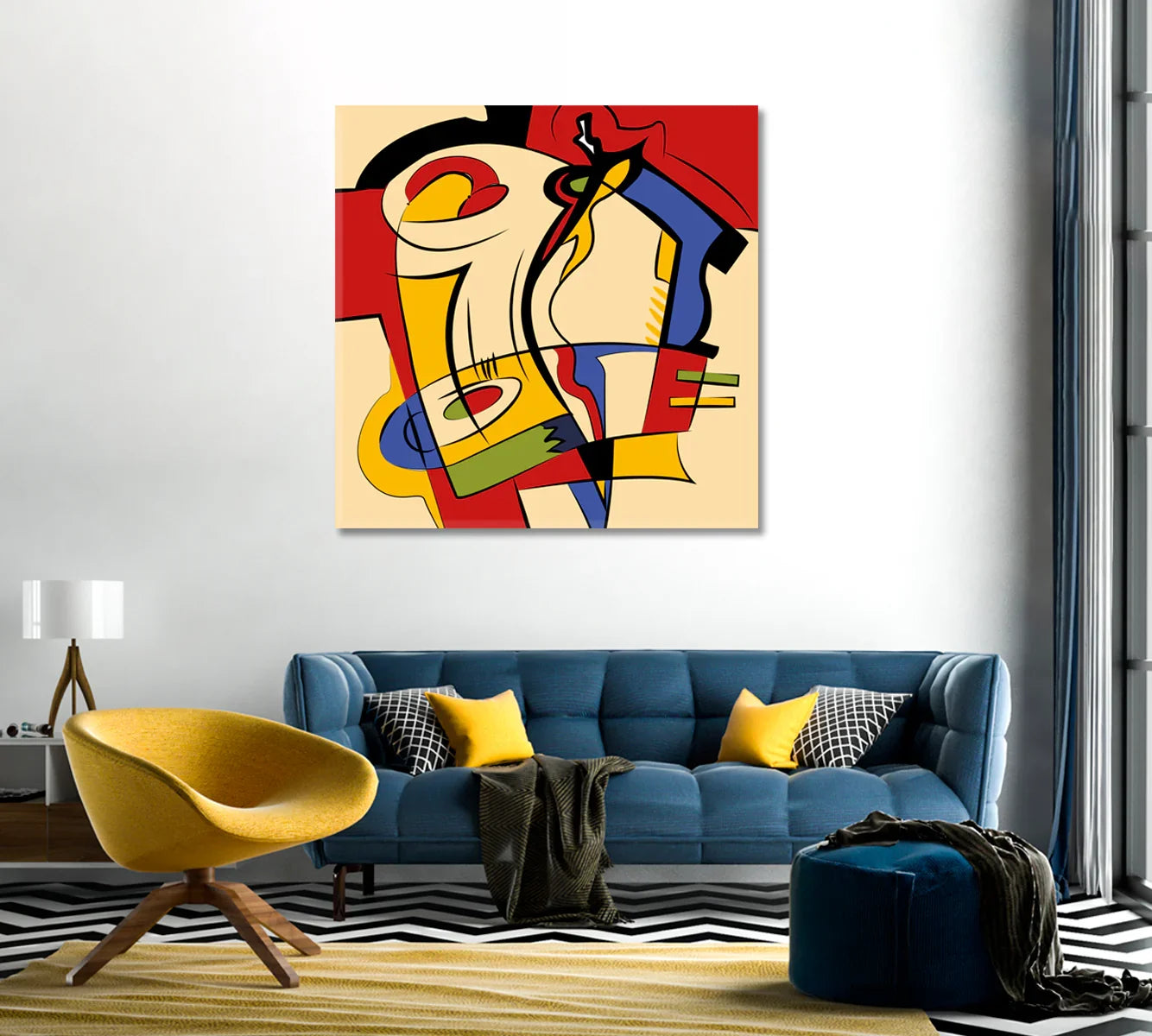 Abstract multicolor geometric canvas hanging above a credenza in a modern living room—bold red, yellow, blue shapes with black linework