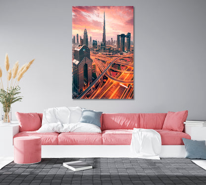 Dubai Skyscrapers and Illuminated Highway UAE Canvas Print-Canvas Print-CetArt-1 panel-16x24 inches-CetArt