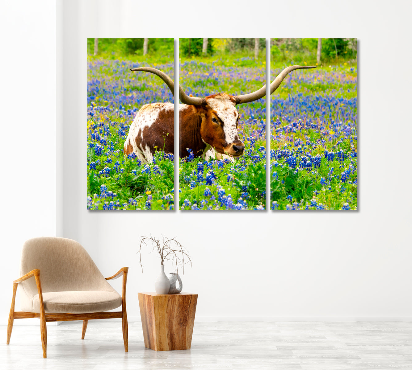 Texas Longhorn Cow in Bluebonnet Field Canvas Print-Canvas Print-CetArt-3 Panels-36x24 inches-CetArt