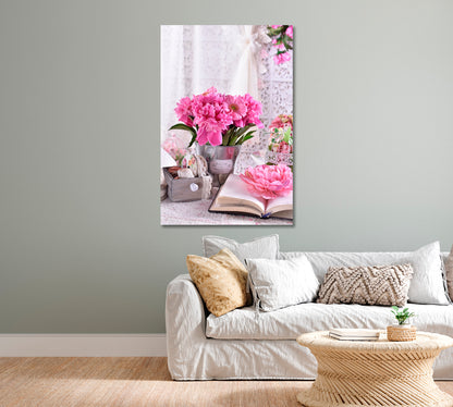 Pink Peonies in Vintage Style Canvas Print-Canvas Print-CetArt-1 panel-16x24 inches-CetArt