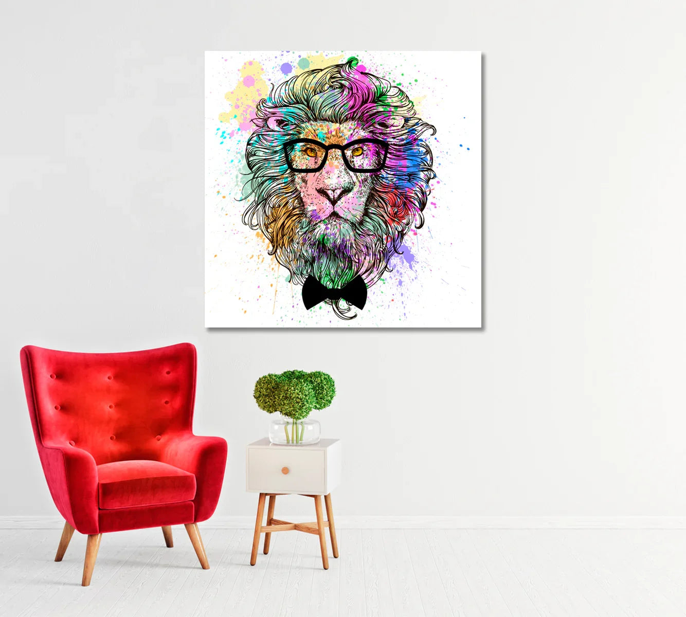 Neutral wall with red chair and lion canvas—balanced composition