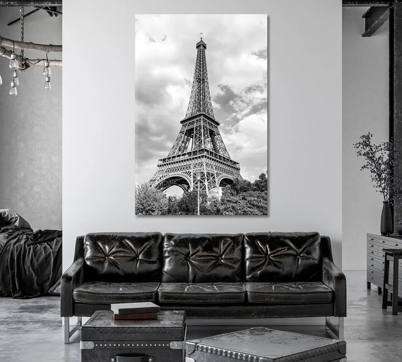 Eiffel Tower black & white canvas in an industrial living room