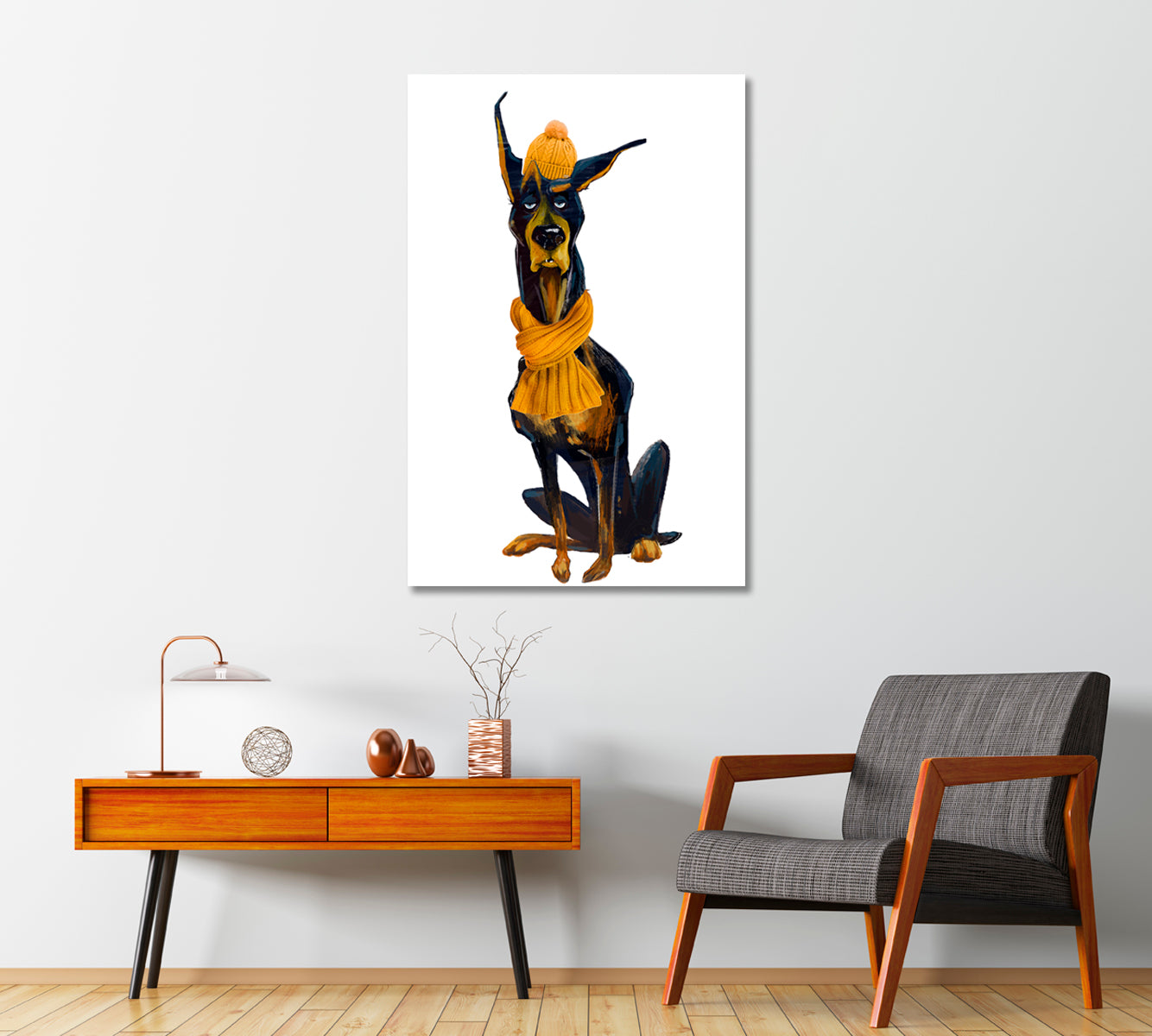 Cartoon Doberman Pinscher with Yellow Scarf Canvas Print-Canvas Print-CetArt-1 panel-16x24 inches-CetArt