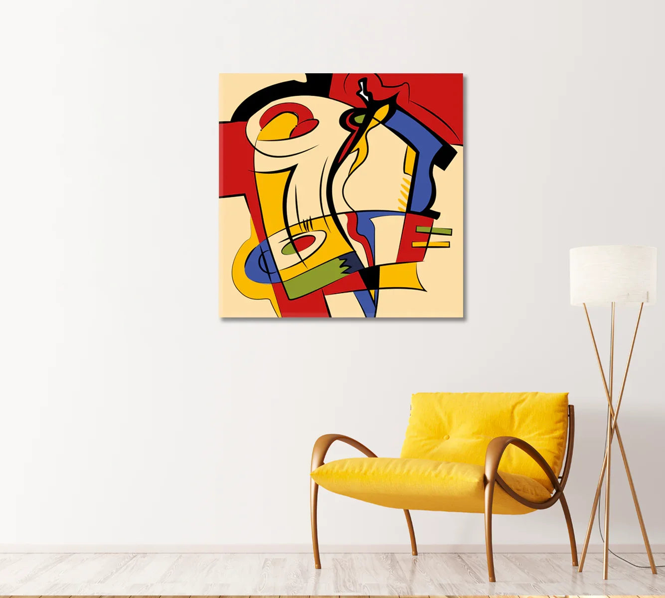 Geometric art with mustard chair—balanced color blocking and black linework