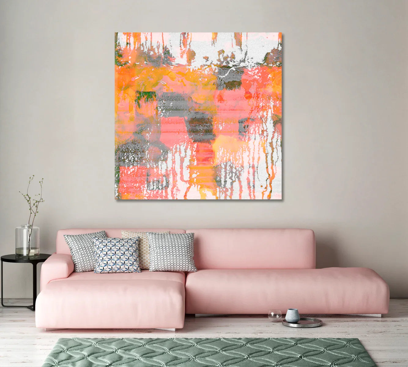 Lienzo abstracto multicolor con salpicaduras de tinta brillante: cálidos goteos de coral y plata