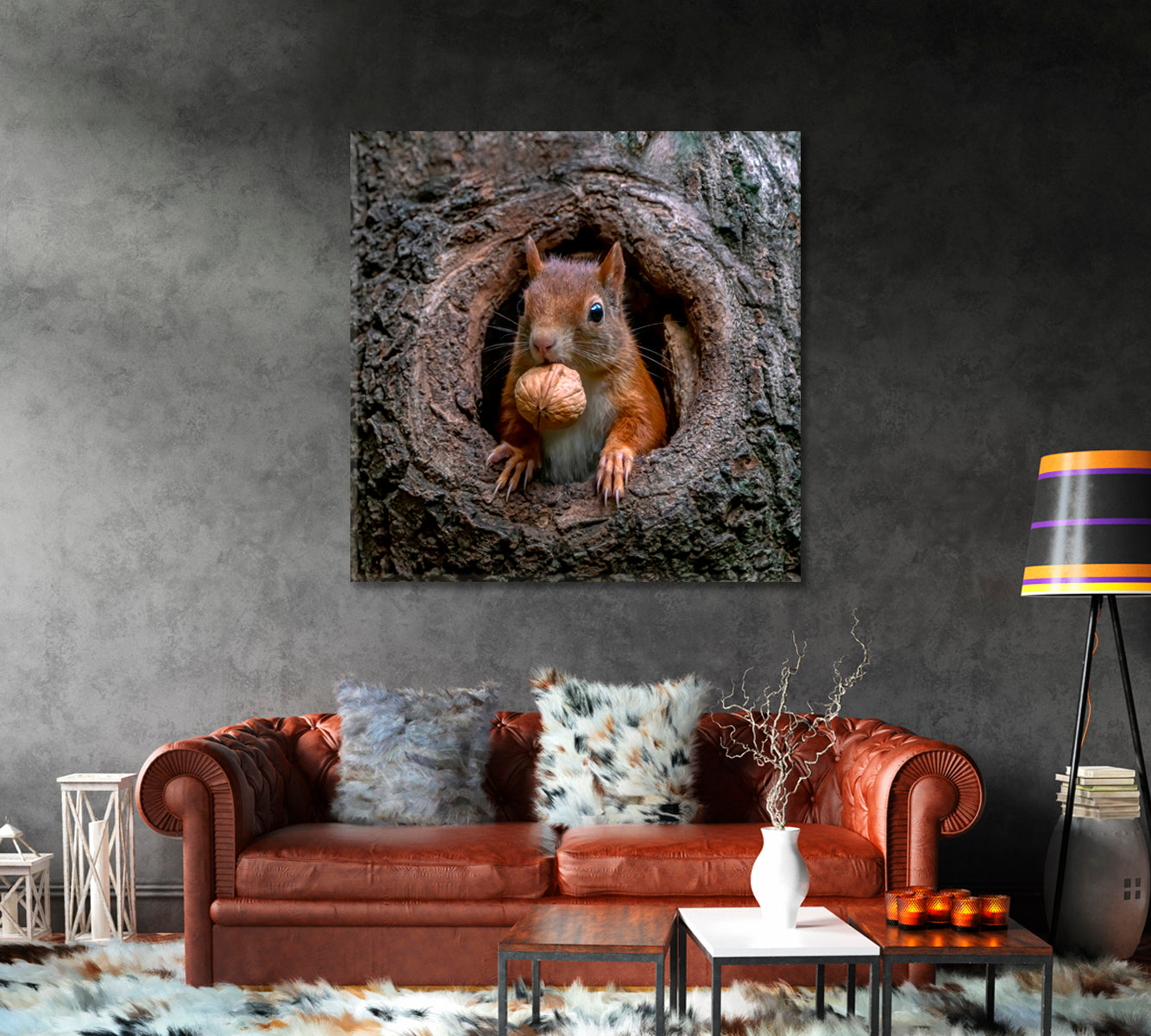 Red Squirrel in Tree Hollow With Walnut Canvas Print-Canvas Print-CetArt-1 panel-12x12 inches-CetArt