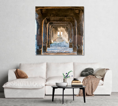 Waves Under Manhattan Beach Pier California Canvas Print-Canvas Print-CetArt-1 panel-12x12 inches-CetArt