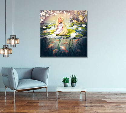 Cute Girl on Water Lily on Lake Canvas Print-Canvas Print-CetArt-1 panel-12x12 inches-CetArt