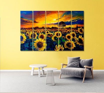 Oil Painted Sunflowers Field Canvas Print-Canvas Print-CetArt-5 Panels-36x24 inches-CetArt