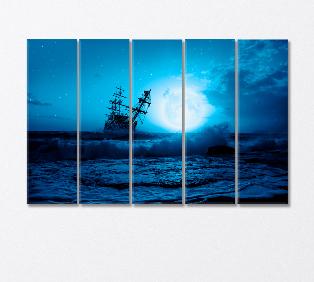 Sailing Old Ship in Stormy Sea at Night Canvas Print-Canvas Print-CetArt-5 Panels-36x24 inches-CetArt