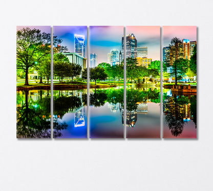 Reflection of Charlotte Lights in Marshall Park Pond Canvas Print-Canvas Print-CetArt-5 Panels-36x24 inches-CetArt