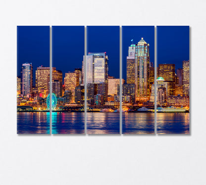 Night Illumination High Rise Buildings Seattle Washington Canvas Print-Canvas Print-CetArt-5 Panels-36x24 inches-CetArt