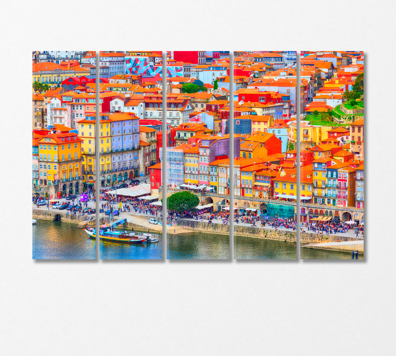 Colorful Houses at Ribeira District Porto Town Portugal Canvas Print-Canvas Print-CetArt-5 Panels-36x24 inches-CetArt
