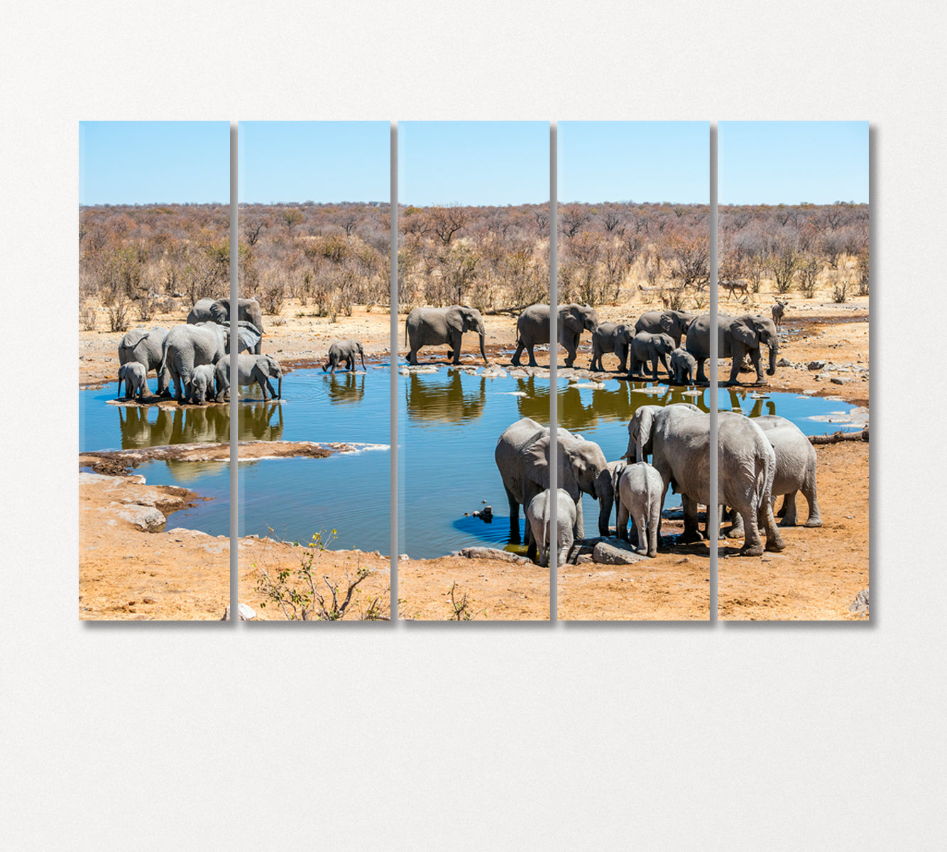 Large Family of African Elephants Drinking at a Waterhole Canvas Print-Canvas Print-CetArt-5 Panels-36x24 inches-CetArt
