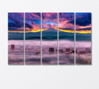 Sunrise over Foggy City Portland USA Canvas Print-Canvas Print-CetArt-5 Panels-36x24 inches-CetArt