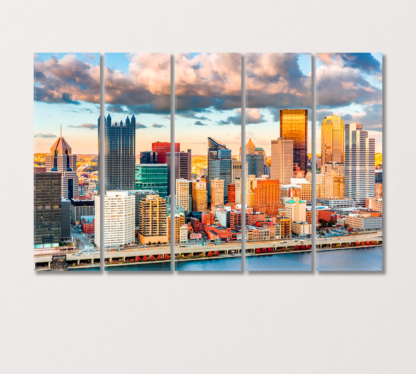 Pittsburgh Downtown under a Warm Sunset Light USA Canvas Print-Canvas Print-CetArt-5 Panels-36x24 inches-CetArt