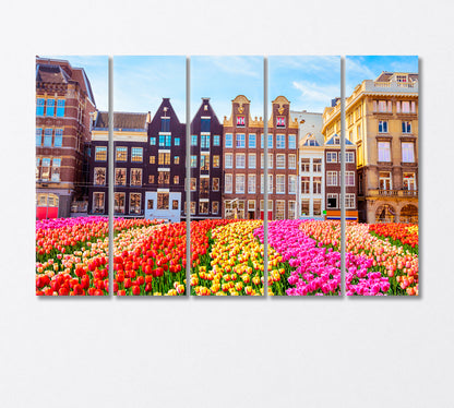 Traditional Buildings and Tulips in Amsterdam Canvas Print-Canvas Print-CetArt-5 Panels-36x24 inches-CetArt