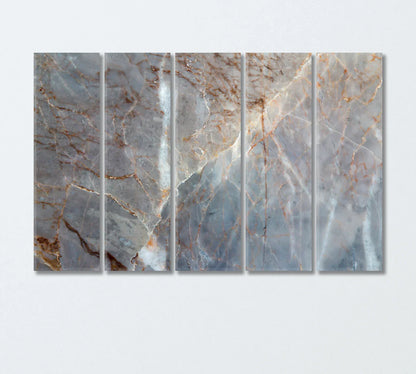 Five-panel abstract marble canvas with soft gray stone veining and warm gold lines