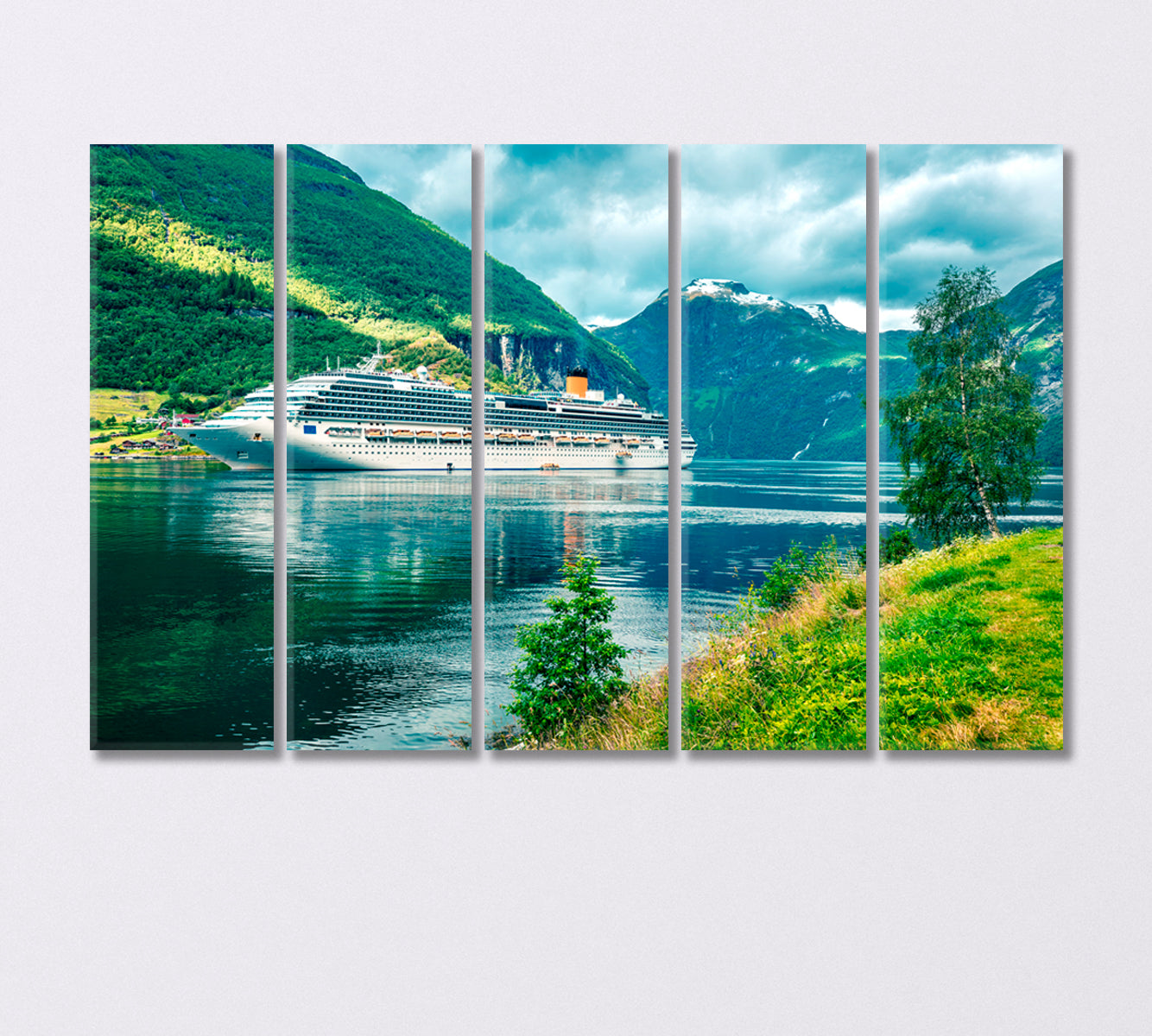Green Geiranger Fjord with Cruise Ship Norway Canvas Print-Canvas Print-CetArt-5 Panels-36x24 inches-CetArt