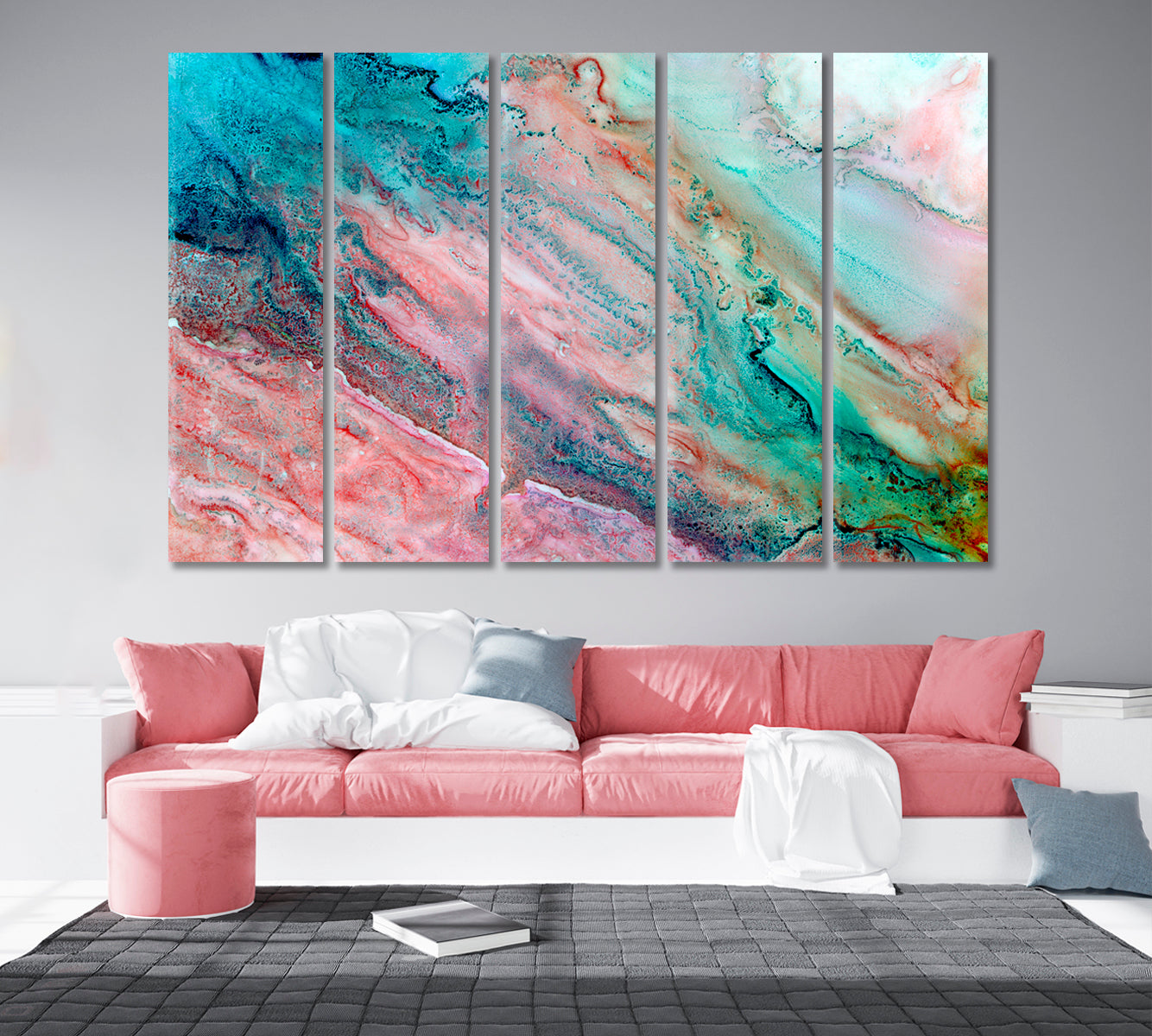 Abstract Pink Turquoise And Blue Marble Canvas Print-Canvas Print-CetArt-5 Panels-36x24 inches-CetArt