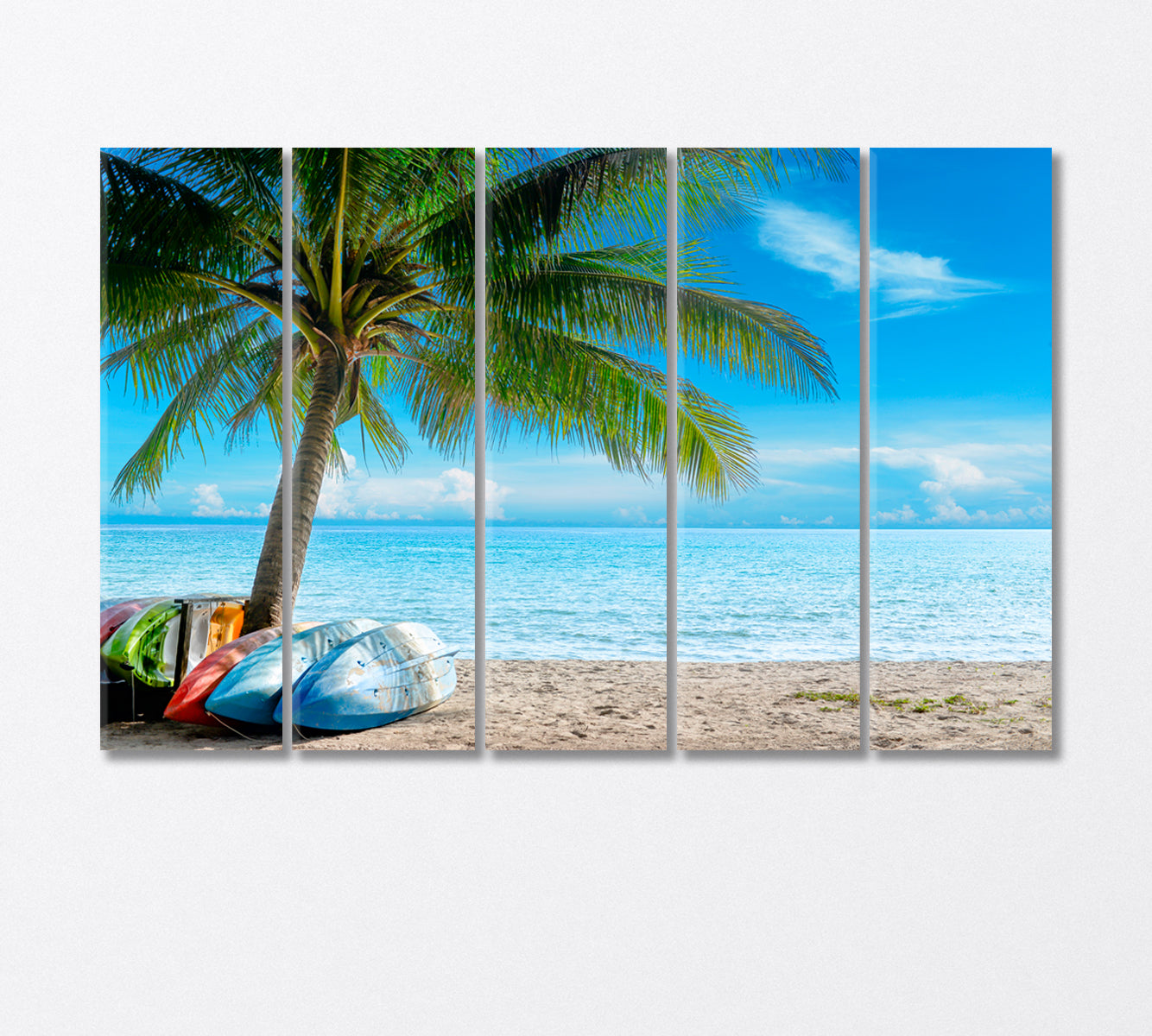 Kayak on Sunny Tropical Beach with Palm Trees Canvas Print-Canvas Print-CetArt-5 Panels-36x24 inches-CetArt